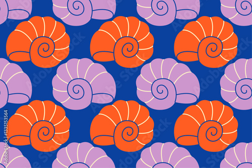 Seamless pattern with orange and iliac sea shells Hand drawn trendy flat style seashell. Tropical beach shells. Summer seamless pattern. Vector illustration