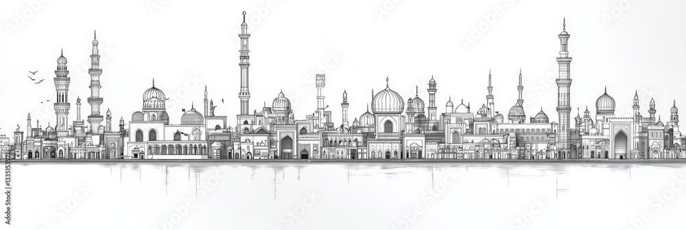 Obraz premium Medina Skyline: A Holy City in Line Art - Detailed line art illustration of Medina's skyline, showcasing architectural details, religious structures