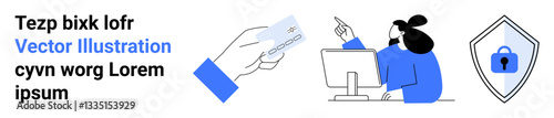Hand holding bank card, shield with lock icon, woman at computer desk. Ideal for payment systems, online security, e-commerce, technology, fintech, data protection modern flat landing page banner