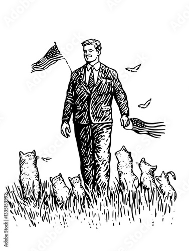 Walking through a field with cats and flags on a beautiful day in nature