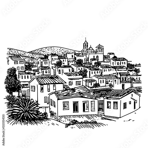 Cinematic portrayal of a serene village surrounded by nature at dusk, capturing tranquil moments of rural life