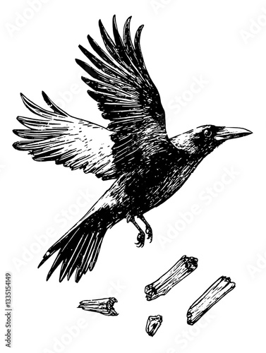 Elegant crow in flight over scattered twigs in a tranquil forest environment during early morning light