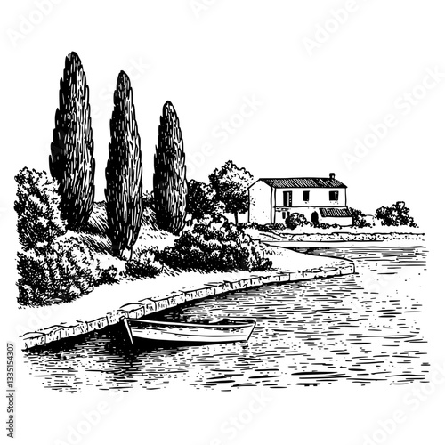 Beautiful lakeside view with a charming house and serene boat under a clear sky during the golden hour