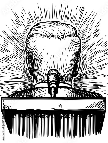 Cinematic portrayal of a powerful figure delivering a speech against a stunning natural backdrop during golden hour