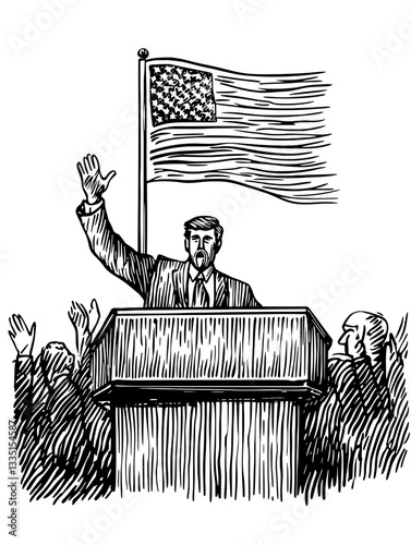 Inspiring speech delivered outdoors with American flag waving in the background during a vibrant gathering