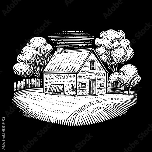 Cinematic portrayal of a rustic house surrounded by trees in serene nature during twilight