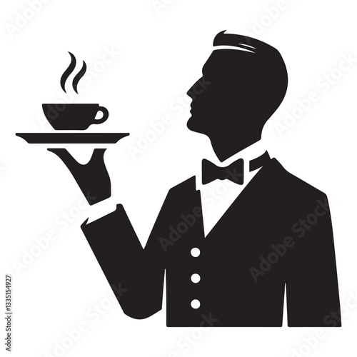 Elegant Waiter Silhouette Serving Hot Beverage For Upscale Hospitality