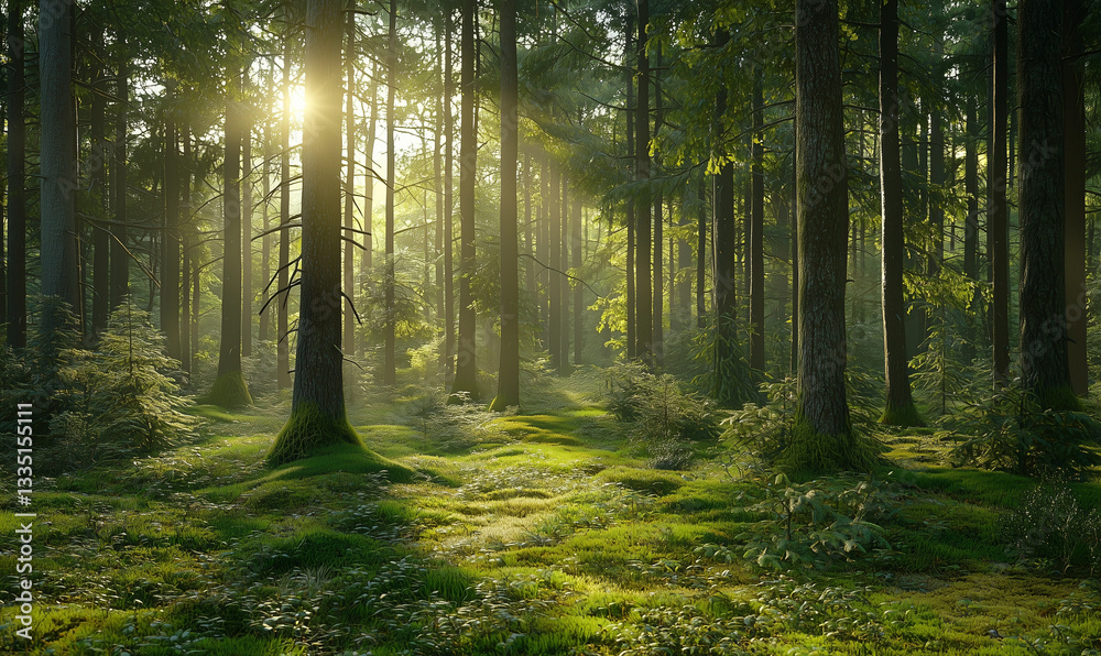 Obraz premium Sunlight filters through tall trees in a serene, green forest, creating a tranquil natural atmosphere.