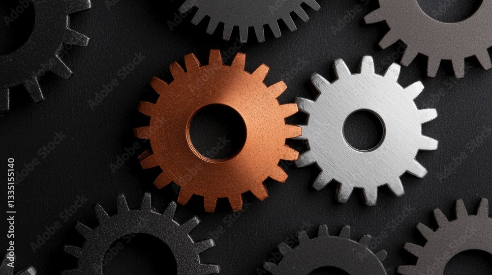 A collection of gears in various colors and sizes, arranged on a black background. A collection of gears in various colors and sizes, arranged on a black background.