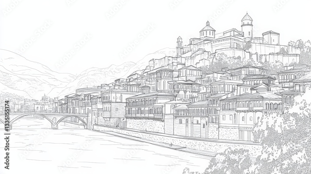 Georgian Cityscape Line Art: Ancient Architecture by the River - Picturesque Georgian town, ancient buildings, river, bridge, mountains, peaceful. Symbolizing history, architecture, tranquility Georgian Cityscape Line Art: Ancient Architecture by the River - Picturesque Georgian town, ancient buildings, river, bridge, mountains, peaceful. Symbolizing history, architecture, tranquility