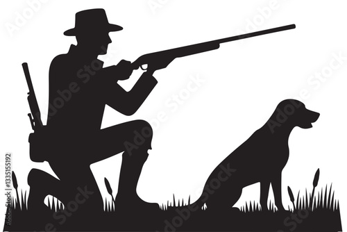 Kneeling Hunter Aiming Rifle Silhouette Vector Illustration Design