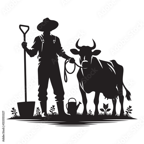 Farmer Silhouette Vector Illustration with Cow Agriculture Concept