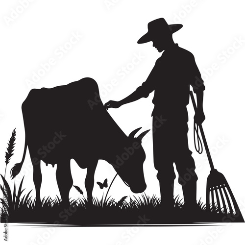 Silhouette of Farmer with Cow Agricultural Rural Life Illustration