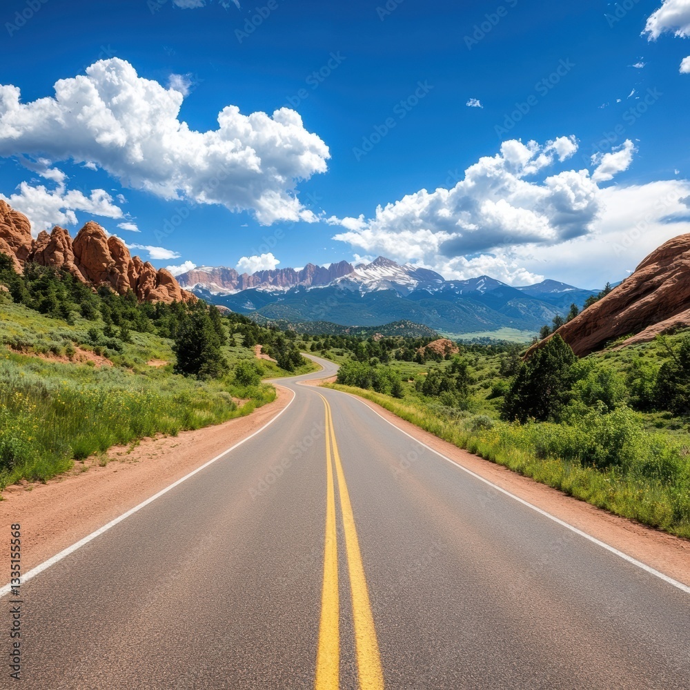 Naklejka premium A scenic view of a winding road surrounded by lush greenery and majestic mountains under a clear blue sky, perfect for travel promotions, outdoor adventures, or nature-themed designs,