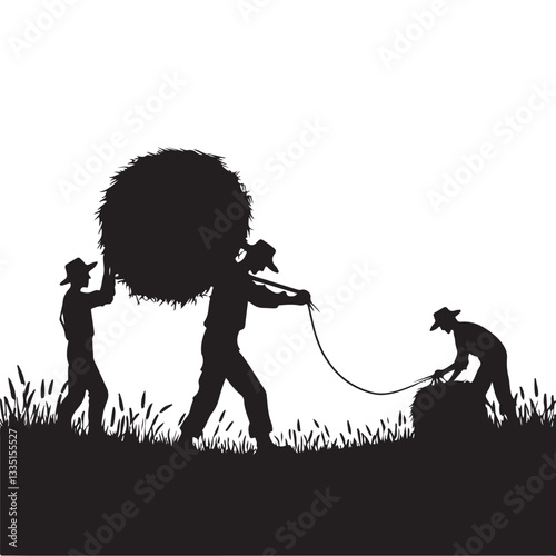 Silhouette of Farmers Harvesting Haystack Agriculture and Rural Lifestyle