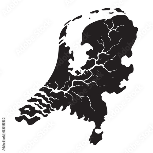 Detailed Black and White Map of Netherlands with Rivers and Waterways
