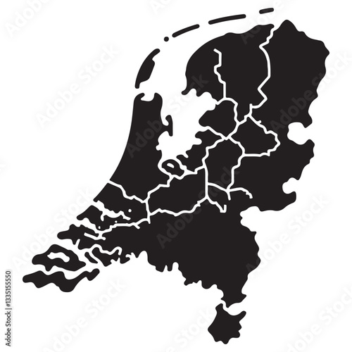 Detailed Black and White Silhouette Map of Netherlands with Province Borders