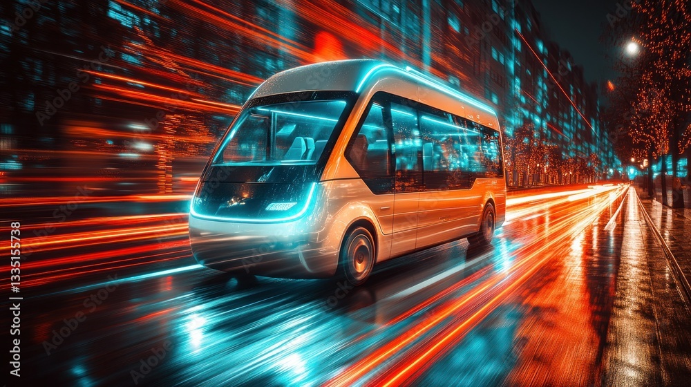 Fototapeta premium Futuristic electric shuttle moving through city streets at night
