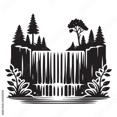 Silhouette Tranquil Waterfall Landscape Illustration Nature and Scenery