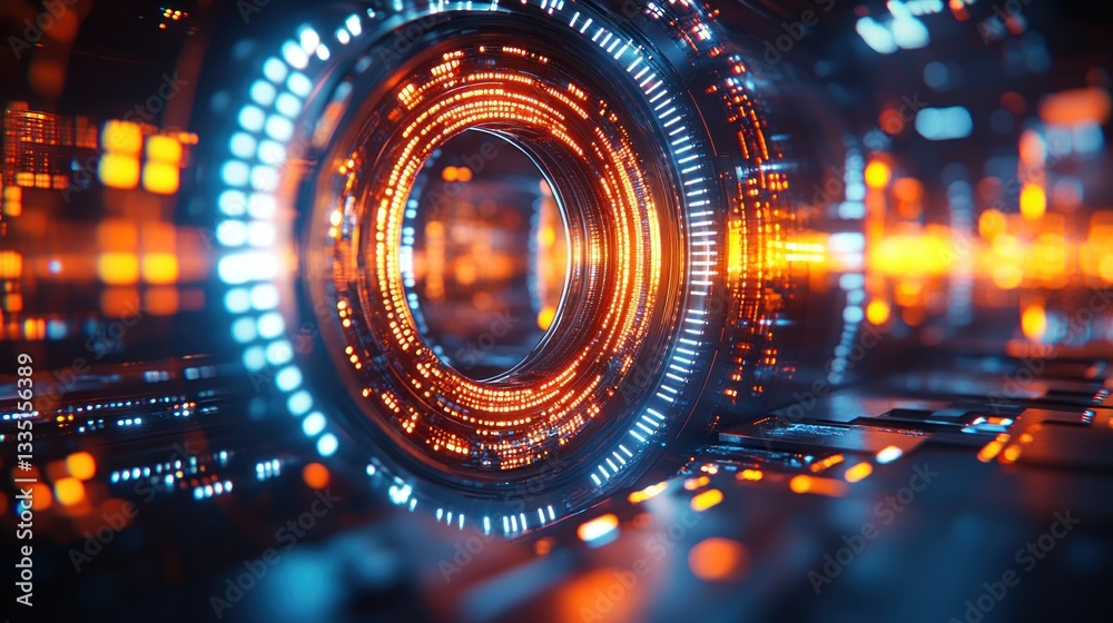 Obraz premium Futuristic tunnel with glowing circular interface