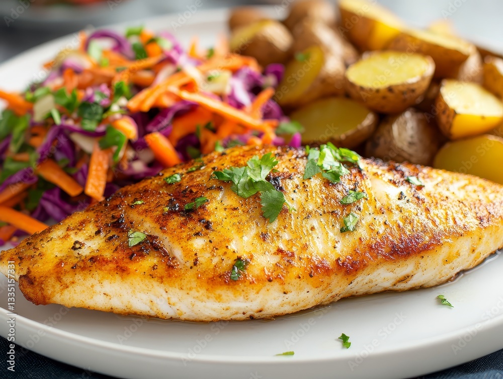 Exquisite Fish Fillet Platter: A Culinary Masterpiece with Fresh Salad and Roasted Potatoes for a Gourmet Dining Experience (149 characters) Exquisite Fish Fillet Platter: A Culinary Masterpiece with Fresh Salad and Roasted Potatoes for a Gourmet Dining Experience (149 characters)