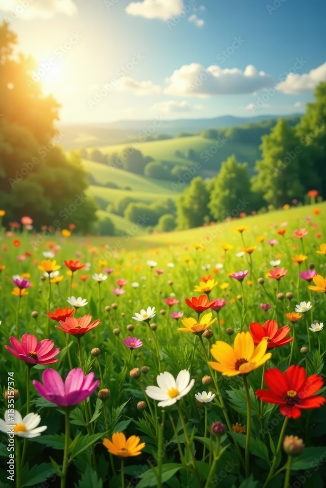 Fototapeta premium Sun-drenched meadow, vibrant wildflowers bloom , ecology, petal, yellow