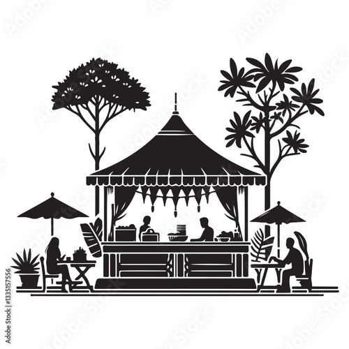 Charming Outdoor Cafe Illustration Silhouette Tropical Vibe and Relaxing Atmosphere