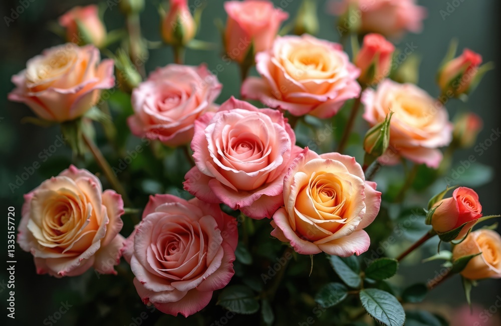 Close-up of roses bouquet. Pink, peach, yellow roses surrounded by rich green leaves. Delicate flower petals bloom in garden. Floral arrangement embodies spring, summer nature. Soft, vibrant pastel Close-up of roses bouquet. Pink, peach, yellow roses surrounded by rich green leaves. Delicate flower petals bloom in garden. Floral arrangement embodies spring, summer nature. Soft, vibrant pastel