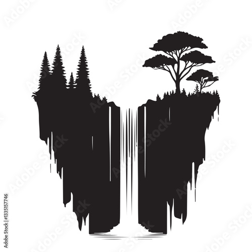 Floating Island with Waterfall Silhouette Illustration: A Nature Scene