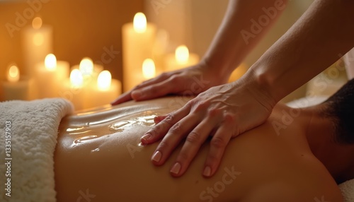 Wallpaper Mural Close up of massage therapist massaging oil applied on a male client back in spa salon with candles. Serene luxurious treatment session for relaxation, health, wellness, bodycare. Torontodigital.ca