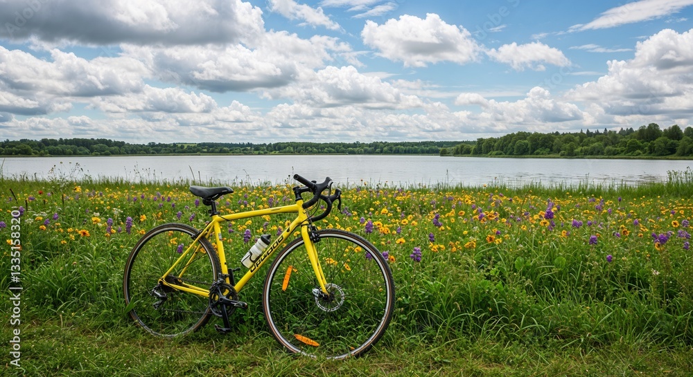 Fototapeta premium Yellow bicycle near colorful wildflowers by serene lake under cloudy sky