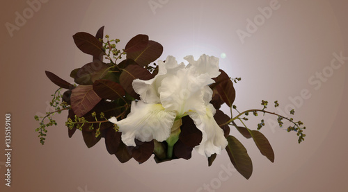 photo of white iris arranged with burgandy leaves design looks like bouquet or corsage
