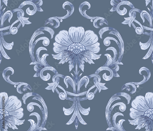 Damask seamless watercolor pattern element. Vector classical luxury old fashioned damask ornament, royal victorian seamless texture for wallpapers, textile. Vintage exquisite floral baroque