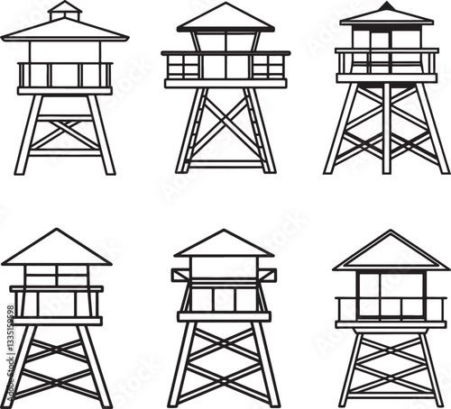 set of lifeguard tower line art, black outline, vector and illustration, coloring book page line art drawing