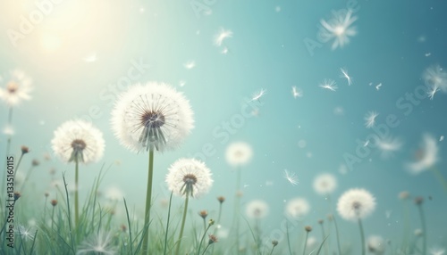 Airy background with dandelion seeds floating in the wind against light blue sky. Serene nature scene with delicate blowball spores in soft spring breeze over meadow. Elegant natural floral backdrop.