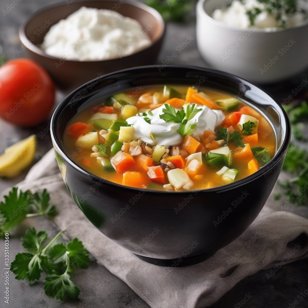 Vegetable soup is a nutritious and healthy dish typically made from a variety of seasonal vegetables. It is rich in vitamins and minerals, while being low in calories. Vegetable soup is a nutritious and healthy dish typically made from a variety of seasonal vegetables. It is rich in vitamins and minerals, while being low in calories.