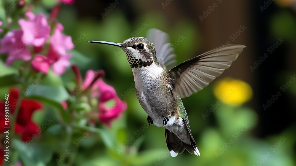 Fototapeta premium Flying hummingbird amidst colorful flowers