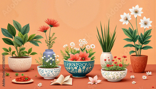 Colorful Uzbek bowls with flowers in cozy nook, warm invitation