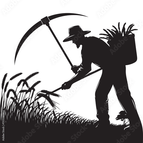 Silhouette Farmer Harvesting Wheat with Scythe Agriculture Vector Illustration