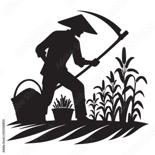 Silhouette Asian Farmer Harvesting Crops With Scythe Traditional Farming