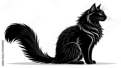 Elegant black cat: long-haired silhouette, detailed fur, fluffy tail, piercing eyes. White background, minimalist vector art, sleek design, graphic simplicity, full body profile.