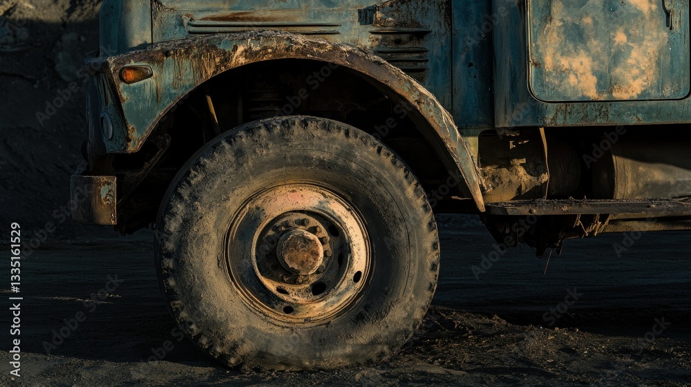 An old abandoned truck shows its weathered tire and rust An old abandoned truck shows its weathered tire and rust