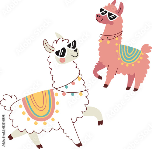 Playful Cartoon Llamas Wearing Sunglasses with Colorful Blankets and Necklaces