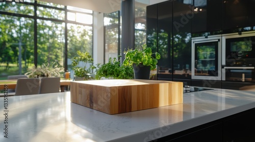 Vibrant natural light in a modern kitchen featuring a heavy-duty maple cutting block culinary art eye-level view