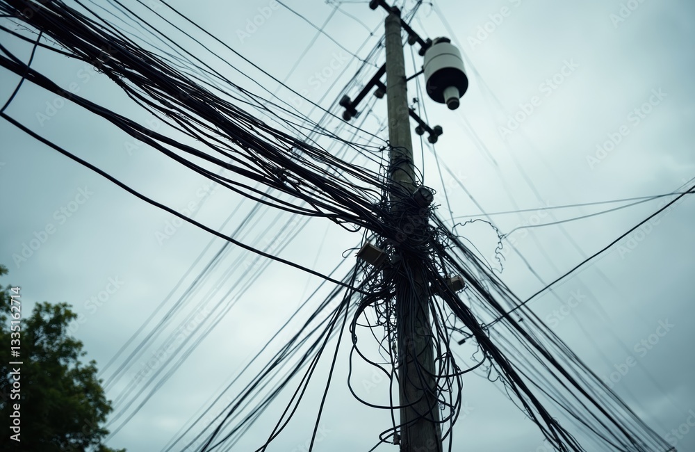 Obraz premium Tangled electric communication wires against sky. Wires connect to pole creating chaotic mess. Overloaded infrastructure, city electric system. Danger of electrocution. Problem with old communication