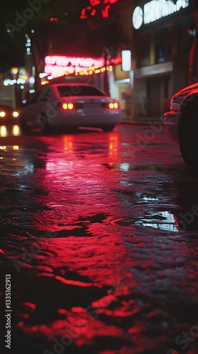 Cars driving on a wet street at night, with reflections and neon signs in the background