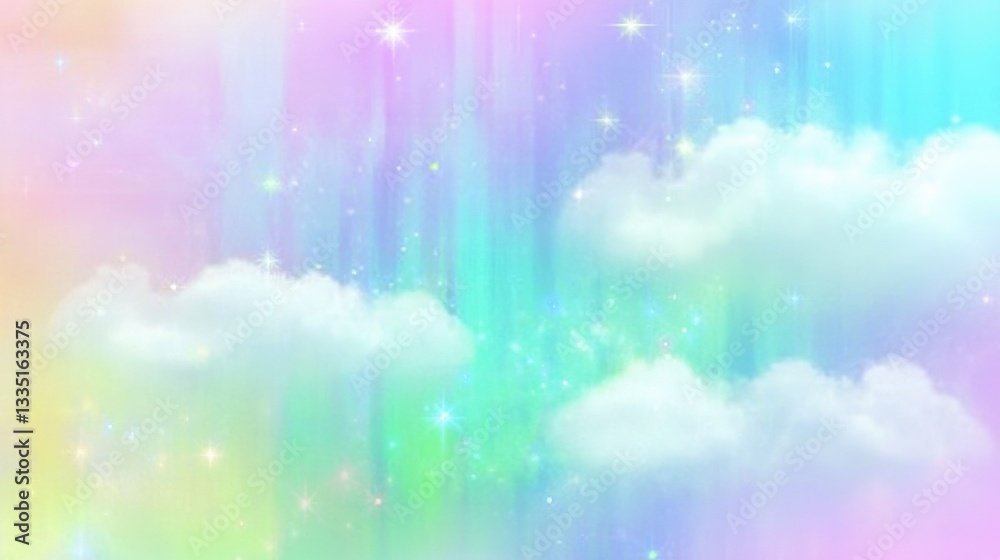 Fototapeta premium Pastel Rainbow Sky with Clouds and Stars - A Dreamy Background
