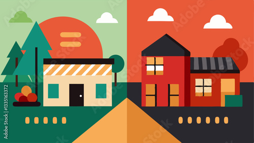 Neighborhood Clash An of two contrasting streets side by sideone filled with traditional homes and community gardens and the other with sleek developments coffee shops