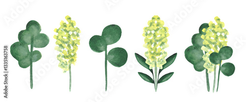 Watercolor green plants isolated on white background