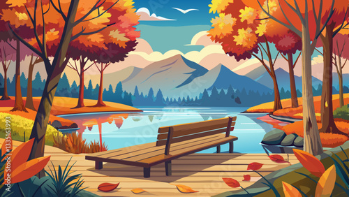 Please sit, enjoy. A wood bench sits on a pier in a serene portion of a lake surrounded by the beautiful colorful fall foliage.